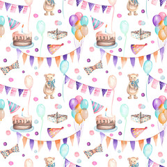 Seamless party pattern with garland of the flags, confetti, cake, air balloons, bows and gifts; hand painted in watercolor on a white background