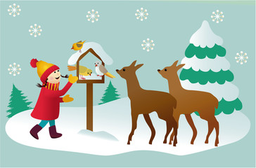 Winter cartoon illustration with girl and forest animals