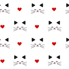 cute lovely black white red seamless vector pattern background illustration with cats and hearts