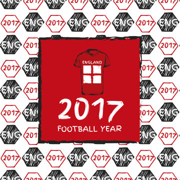 Football hand drawn pattern. With England country flag and t-shirt. 2017 Football Year.