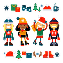 Children, girls on roller skates collection a white background. Set of Christmas icons.