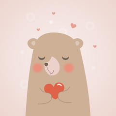 Cute teddy bear is holding a heart and hug with love on mini hearts background, vector cartoon illustration