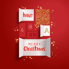 Christmas advent calendar doors open to reveal a festive message with gold details. Vector illustration - obrazy, fototapety, plakaty