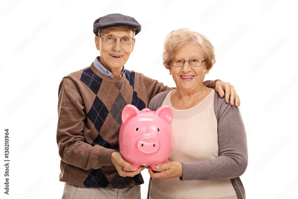 Poster Happy seniors with a piggybank