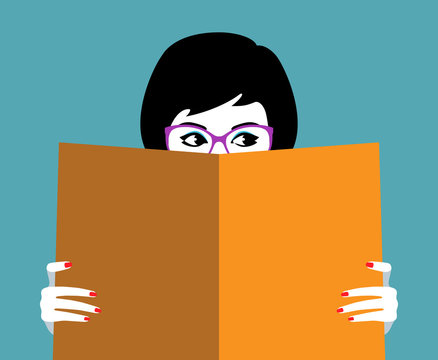 Beautiful girl face behind big book