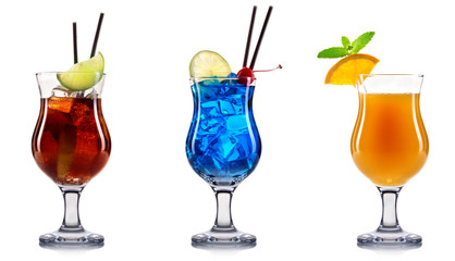 alcohol cocktail set on a white with fresh summer fruits