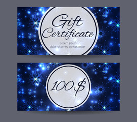 Fototapeta na wymiar Holiday template gift certificate for shopping, mall and your business. Background with sparkles, snowflakes