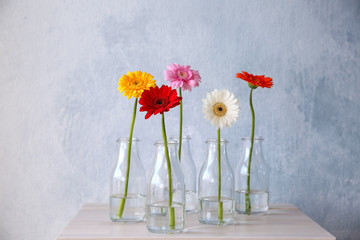 Flowers in vases on color background