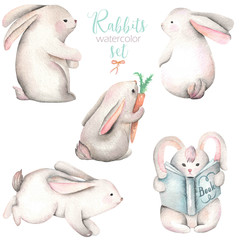Fototapeta premium Collection, set of watercolor cute rabbits illustrations, hand drawn isolated on a white background