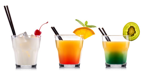 alcohol cocktail set on a white with fresh summer fruits
