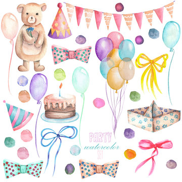 Watercolor party set in the form of isolated elements: garland of the flags, confetti, cake, air balloons, arrow, bows and gifts; hand painted on a white background