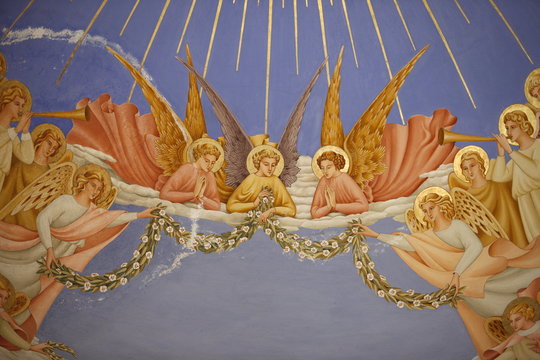 Detail of angels in a fresco in the Visitation church in Ein Kerem, Israel