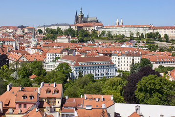 Fototapeta premium Panorama of Prague Castle and St. Vitus cathedral, Prague, Czech Republic. Unique view from a hot air balloon