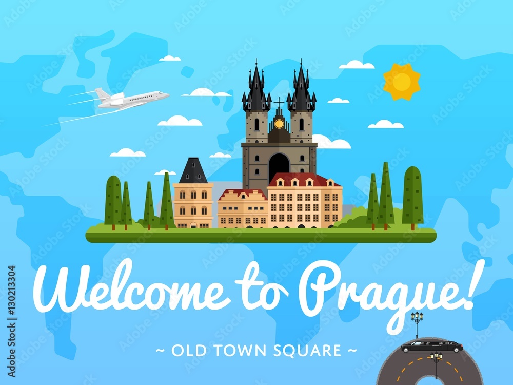 Poster welcome to prague poster with famous attraction vector illustration. travel design with old town squ