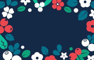 Vector flat flowers and berries frame background, creative color pattern.