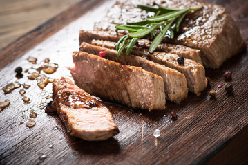 Grilled beef steak sliced.