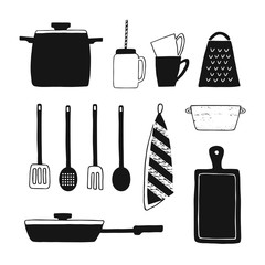 Cookware isolated vector set. Hand drawn kitchenware icons. Black and white cooking utensils, kitchen utensils, tableware, earthenware collection. Vector flat illustration on white background - 130214993