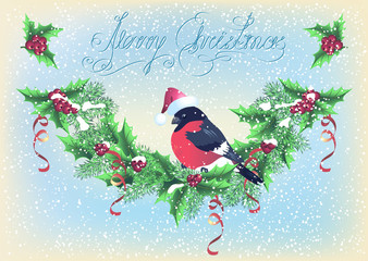 Christmas card with garland and bullfinch on the snowfall backgr