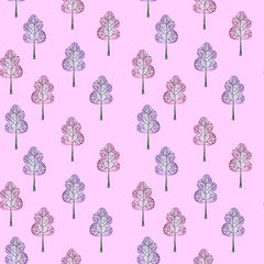 Seamless floral pattern with simple trees, hand drawn in watercolor on a purple background