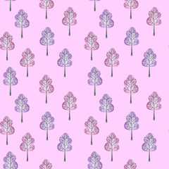 Seamless floral pattern with simple trees, hand drawn in watercolor on a purple background