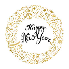 Happy New Year card with lettering and line art doodle drawing.