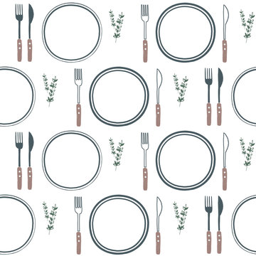 Tableware seamless pattern. Fork, knife, plate. Eating vector background. Hand drawn doodle vector illustration. Sketch dinnerware. Isolated objects on white background