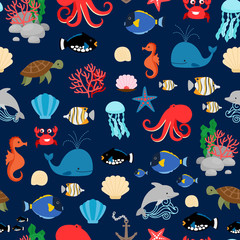 Obraz premium Sea pattern with fishes octopus whales and crabs on dark blue background. Vector illustration