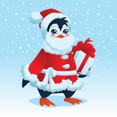 Cute Penguin in costume of Santa Claus with Christmas gift.
