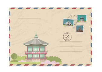 Japanese ancient temple. Pagoda tower. Postal envelope with famous architectural composition, postage stamps and postmarks vector illustration. Postal services. Envelope delivery