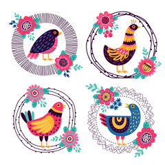 Network illustration with decorative birds and flower borders