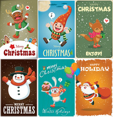 Vintage Christmas poster design with Santa Claus, elf, reindeer, snowman, fox, rabbit characters.