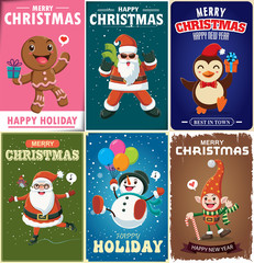 Fototapeta premium Vintage Christmas poster design with Santa Claus, elf, gingerbread, snowman, penguin characters.
