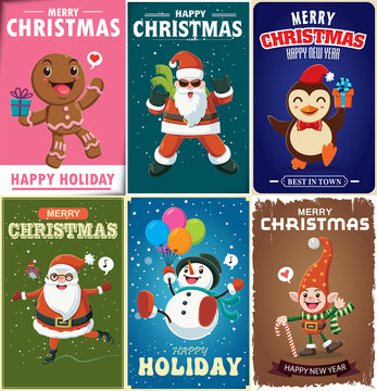Vintage Christmas poster design with Santa Claus, elf, gingerbread, snowman, penguin characters.