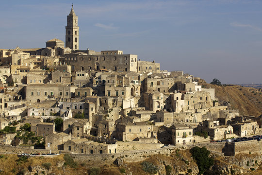 View of the Duomo and the Sassi of Matera, from the cliffside, Matera, Basilicata