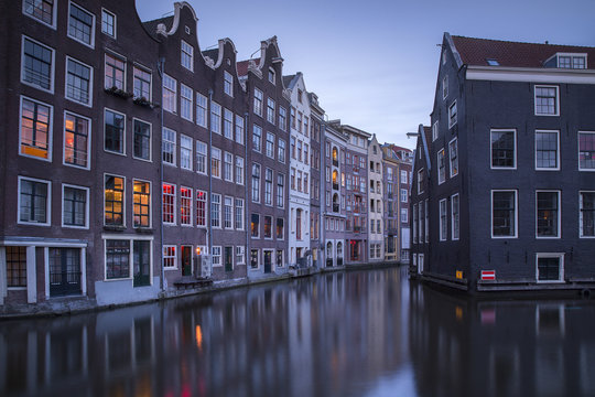 Canal and old houses at dusk, Amsterdam, Netherlands