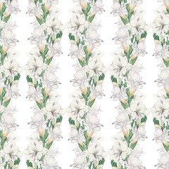 Freesia 3. Seamless pattern on white background. Drawing Watercolor. Handmade drawing.