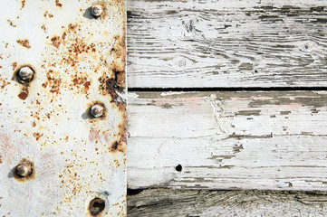 Old white painted rust weathered distressed iron and wood oak plank background
