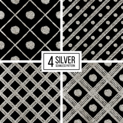 Set of silver seamless pattern of diagonal stripes and circle, seamless background of silvern glitter cage and lines, hand drawn vector pattern for invitation, card, wedding, paper, web