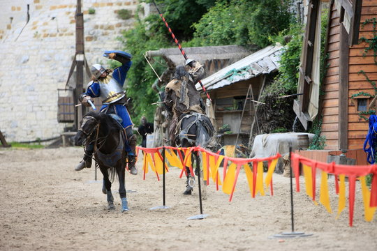 Knights jousing during the medieval festival of Provins, Seine-et-Marne, France