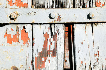 Old white painted rust weathered distressed iron and wood oak plank background