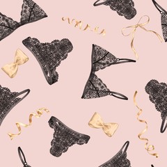 Seamless pattern with delicate lingerie with satin bows 2. Watercolor handmade drawing.