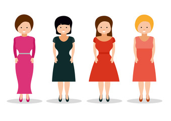 Fototapeta premium Woman in retro dresses on white background. Isolated vector illustration. Icons collection. Flat style design