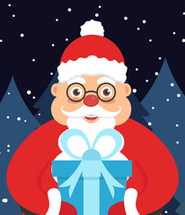 Holiday illustration greeting card for new year or Christmas. Santa Claus in the night in the hands with a gift. Vector