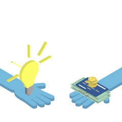 Obraz premium The concept of mutually beneficial exchange. Hand gives an idea. Vector isometric