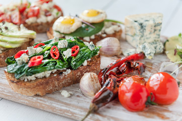 tasty and delicious bruschetta with with vegetables, cheese and micro greens