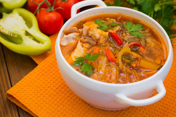 Vegetable borscht, traditional Russian and Ukrainian dish. Wooden background. Old rustic table. Top view. Close-up