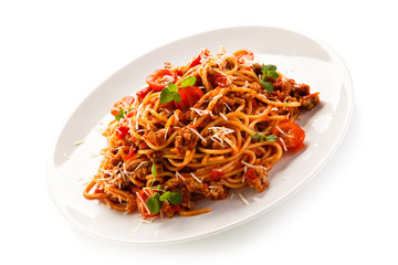Pasta with meat, tomato sauce and vegetables 