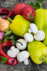Vegetable set on a wooden background. Close-up