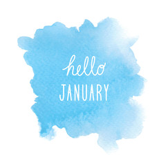 Naklejka na ściany i meble Hello January greeting with blue watercolor background