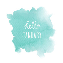 Naklejka na ściany i meble Hello January greeting with green watercolor background